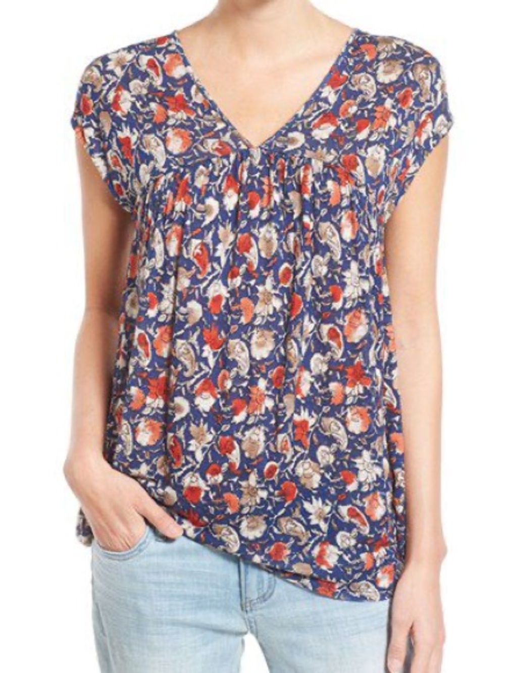 Lucky Brand Navy Floral V-Neck Blouse with Coral and Cream Accents